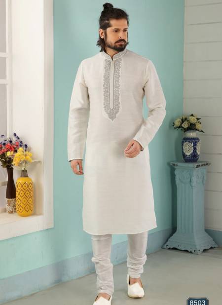 White Colour Designer Fancy Party And Function Wear Traditional Art Banarasi Silk Kurta Churidar Pajama Redymade Collection 1036-8503